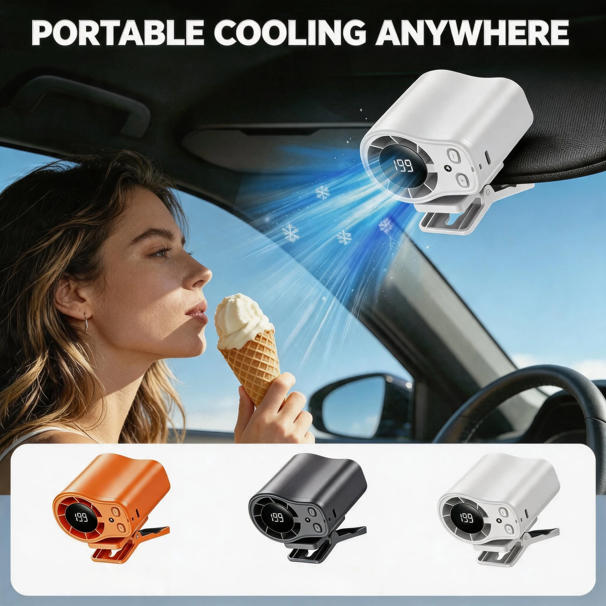 

360 Rotation Semiconductor Cooling Car Fan USB Rechargeable Clip on Portable Desk Fan LED Display Quiet 4 Speeds for Car Camping