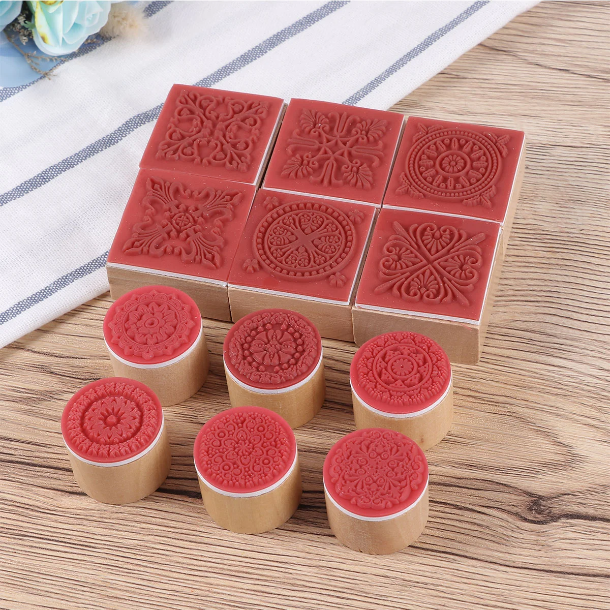 12 Pcs Round and Squares Stamps DIY Craft Lace Floral Decorative Retro Wooden Seal