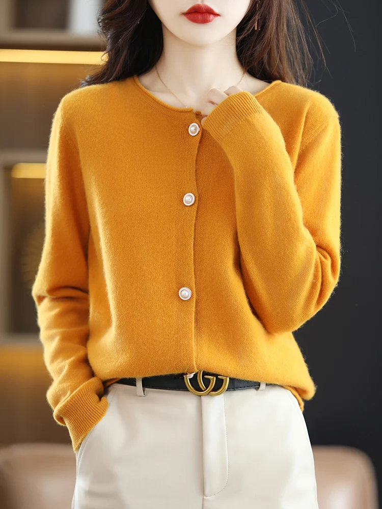 High Quality 100% Merino Wool Women Curl O-neck  Cardigan Long Sleeve Sweater For Spring Autumn Casual  Comfort Knitwear Korean