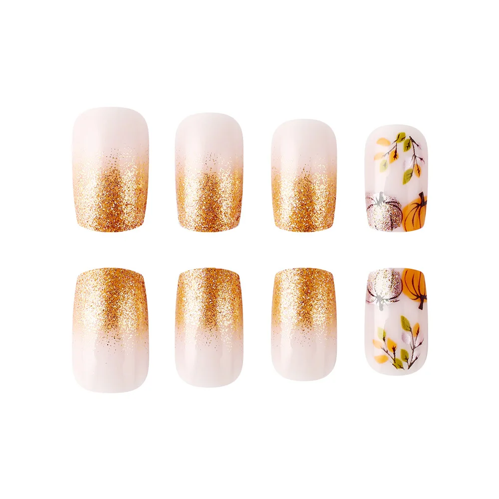 عيد الشكر اضغط على الأظافر متوسطة الفرنسية تلميح الأظافر كاذبة اليقطين بريق الخريف ورقة نمط غطاء كامل عصا على نصائح الأظافر