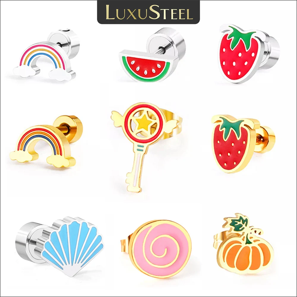 LUXUSTEEL Stainless Steel Earrings For Women Girls Cute Strawberry Rainbow Vegetable Plants Stud Earring Unique Jewelry 2022