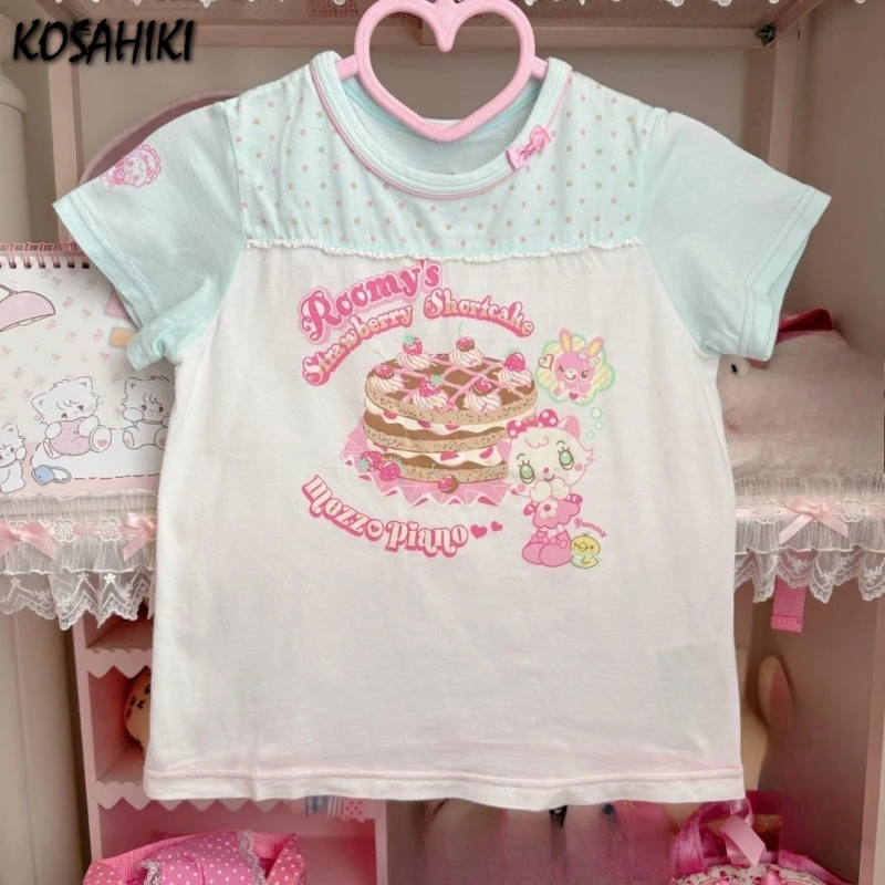 Tops con estampado de dibujos animados Kawaii japonés para mujer, camiseta de retazos de punto ondulado Harajuku Y2k, camiseta bonita Grunge de Hada estética