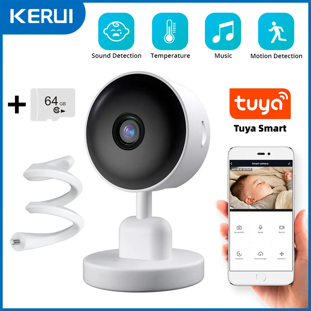 

KERUI Tuya Smart Baby Monitor WiFi HD Video IP Camera With 64G SD Card & Wall Mount Temperature Monitor Sound Motion Detector