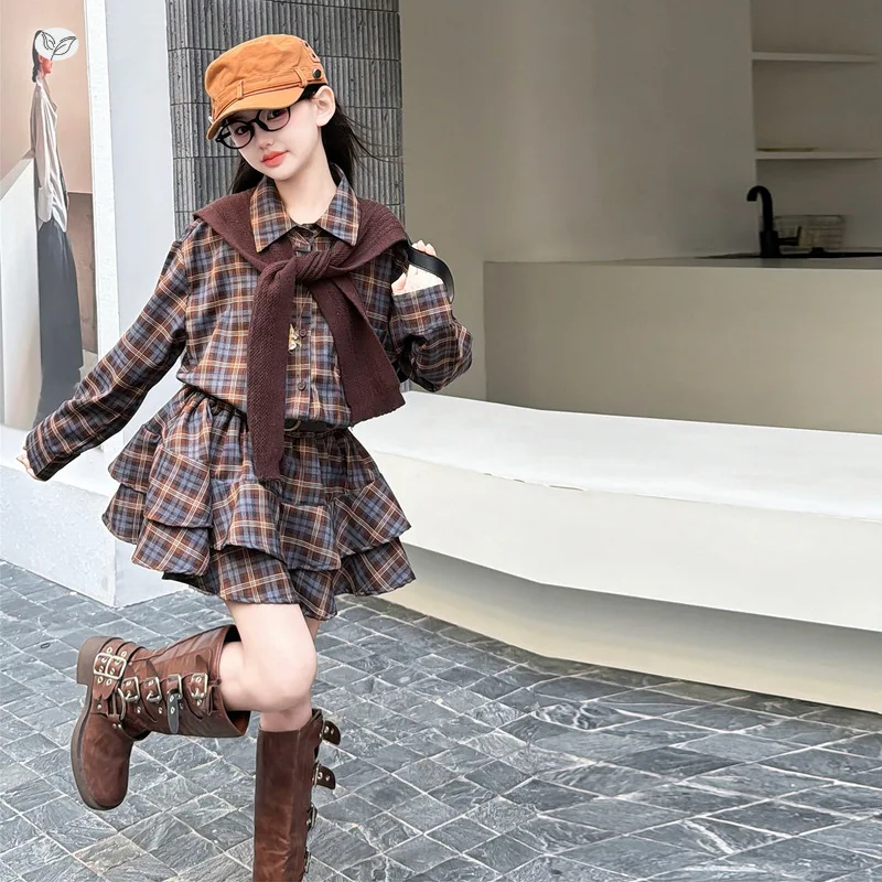 autumn winter teenager girls Classic plaid dress junior kids Lotus leaf princess dresses shawl child kids girl clothes