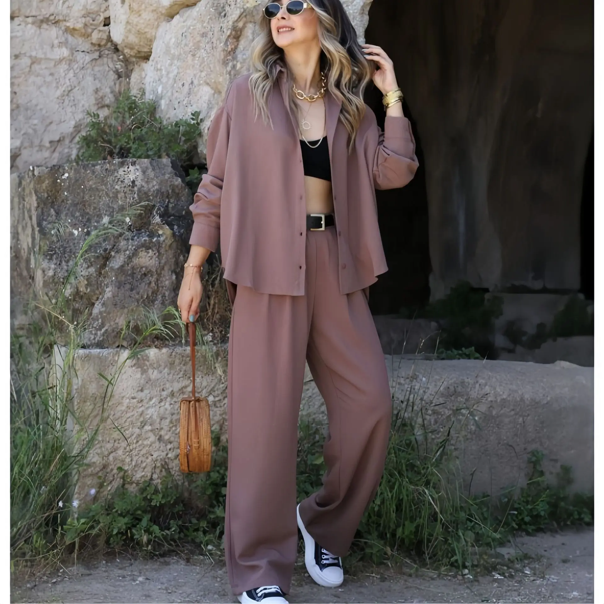 

New fashion solid color long-sleeved top belt suit casual pants two-piece set simple and versatile temperament elegant holiday s