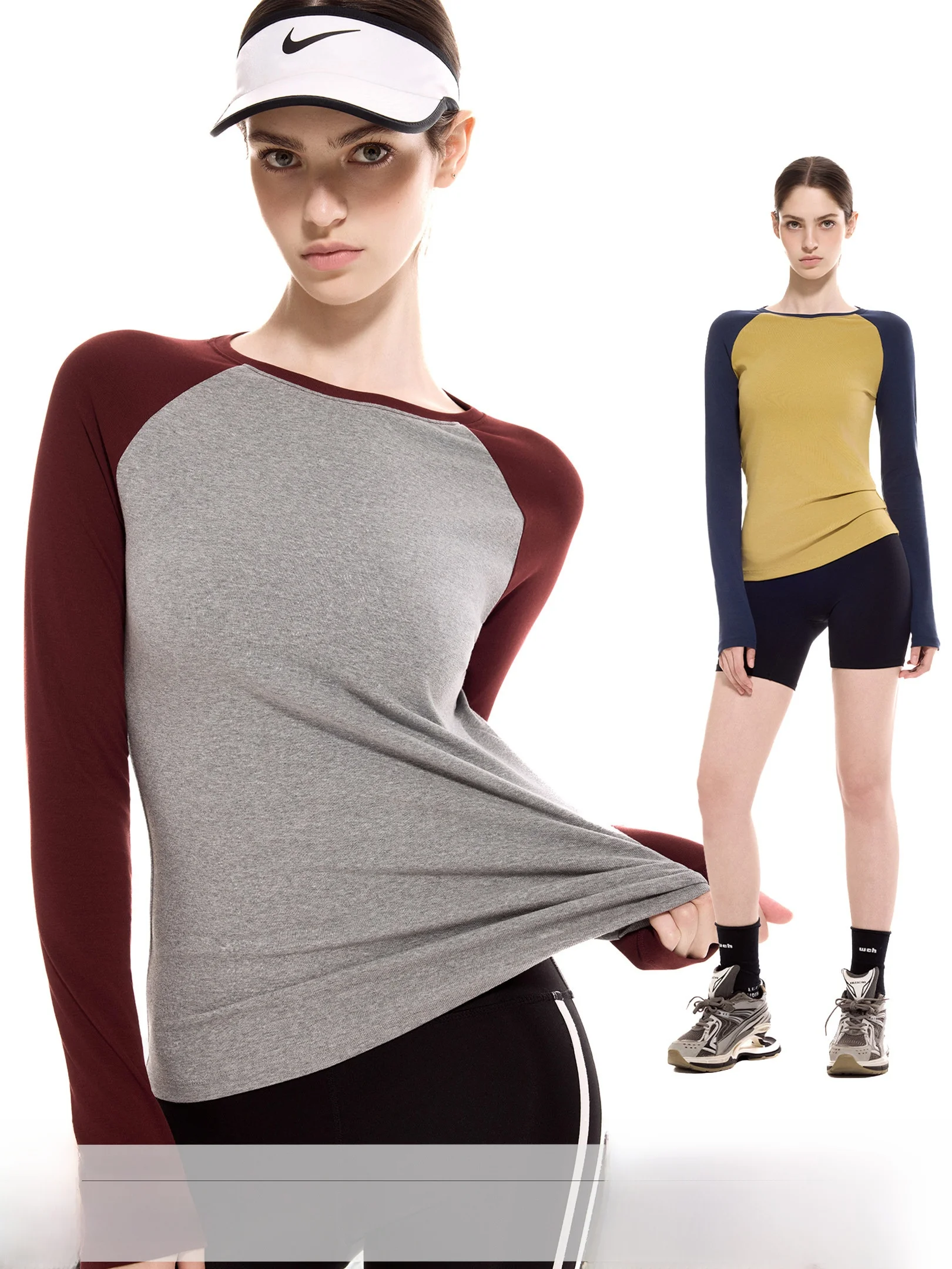 Sporty Long Sleeve round Neck T-Shirt Women's Slim Fit Color Block Shoulder Insert Design Cotton Blend Elastic Fiber Autumn N...