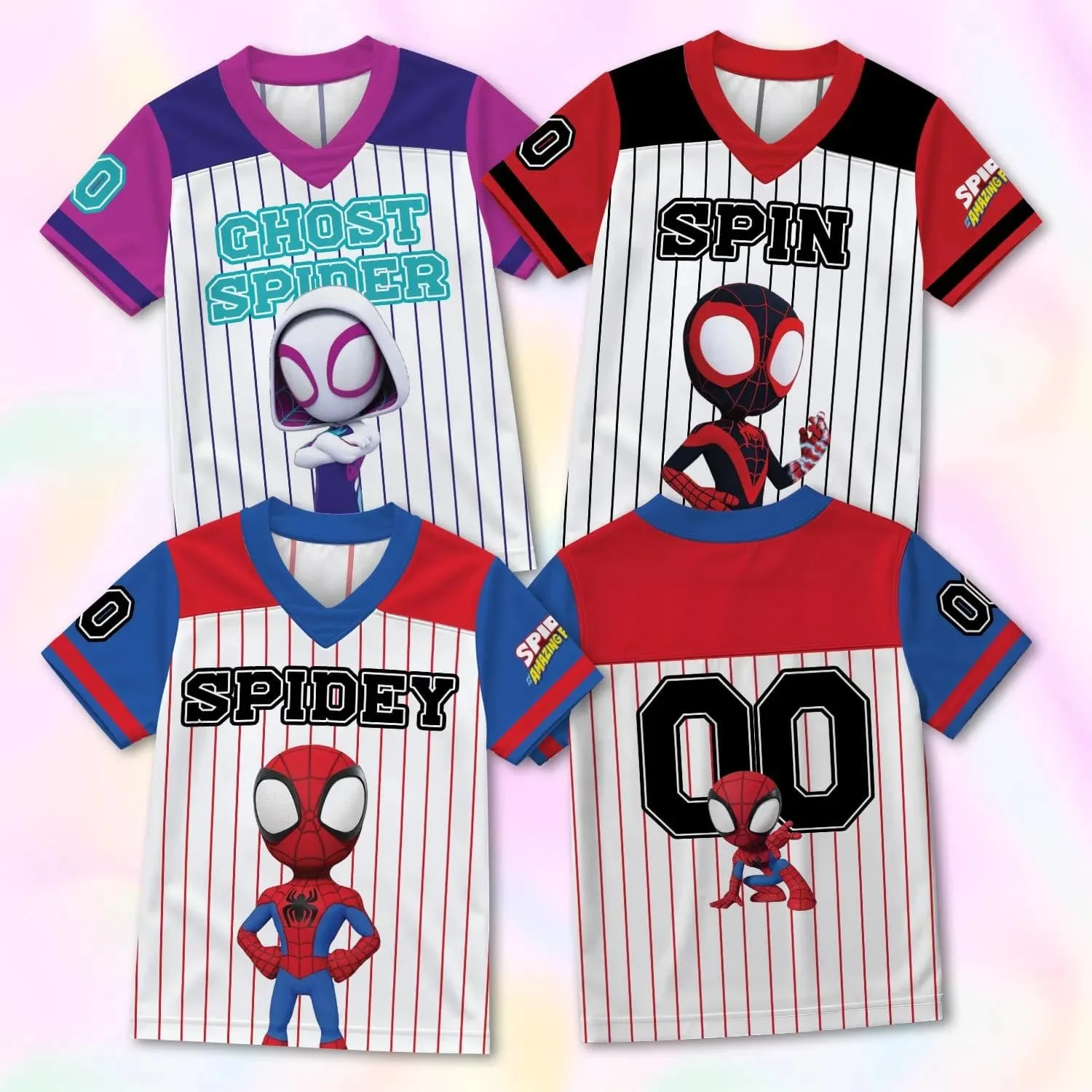 Camiseta de béisbol de Spidey y sus increíbles amigos, camiseta de manga corta con estampado 3D de Spidey Spin Ghost Spider, camiseta de dibujos animados a juego para la familia