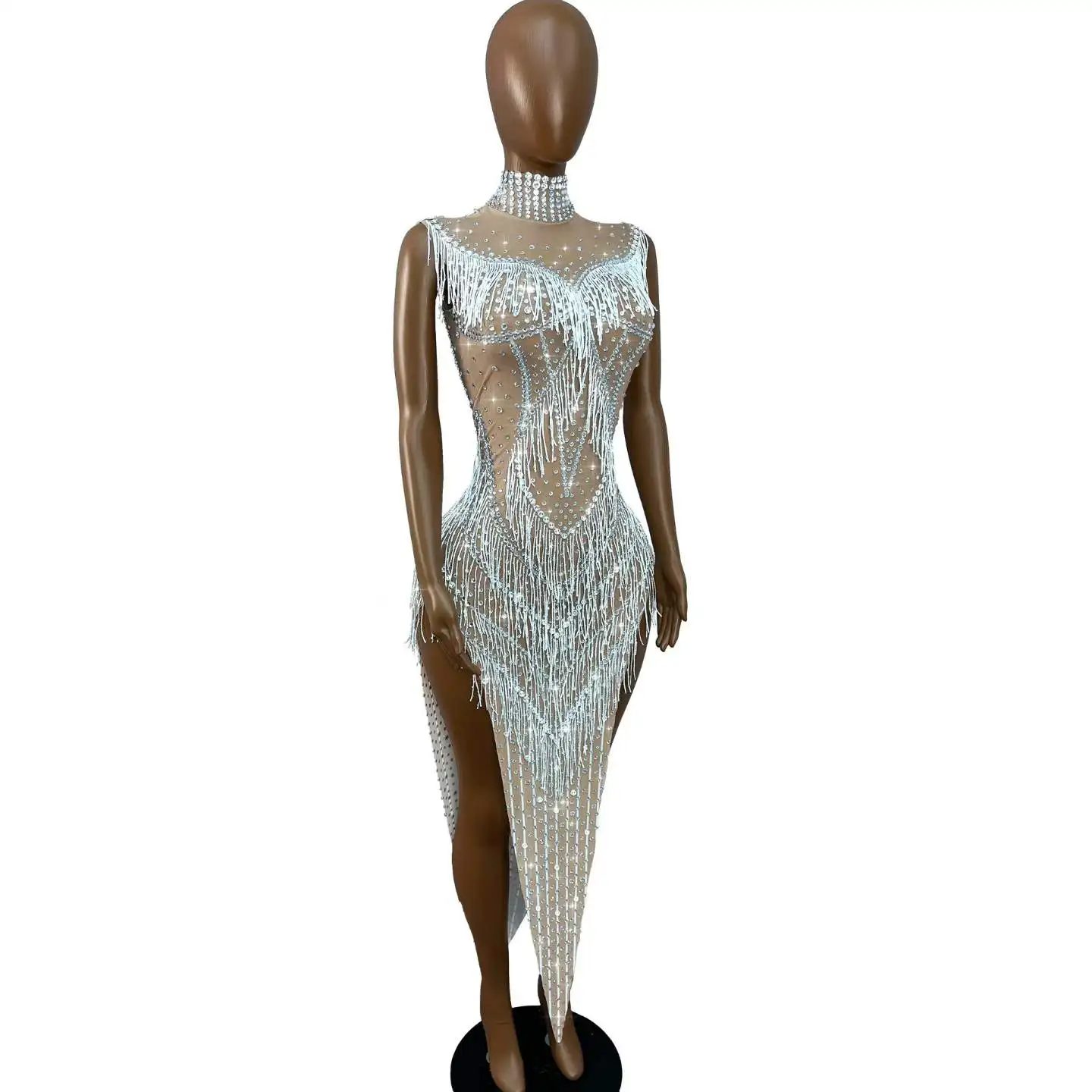 Sexy Elegant Designed Twinkling Rhinestones Tassels High Split Dress Party Evening Exquisite Gown Red carpet Show Stage Wear view 4