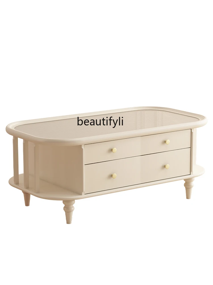 

American Retro Solid Wood Coffee Table TV Cabinet French Cream Style Living Room Furniture Light Luxury Glass Tea Table