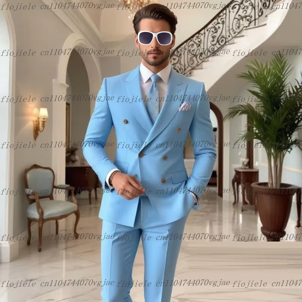 

Sky Blue Men Suit Formal Occasion Wedding Party Groom Groomsman Business Prom Male Tuxedos 2 Piece Set Customized Jacket Pants