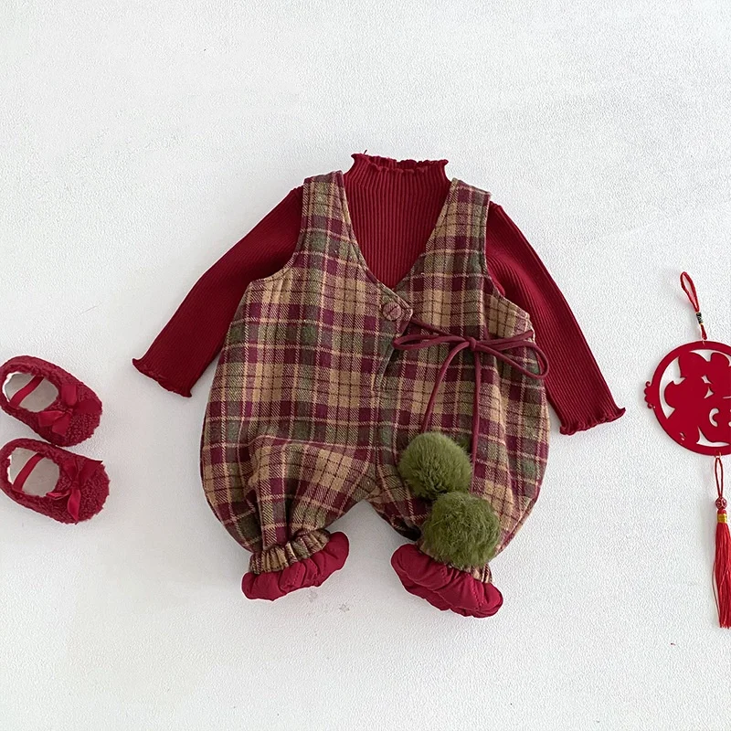 

Retro Plaid Children's Overalls Winter Fleece Lined One Piece Fixed Strap Strap Vintage Check Warm Cute Kids Overalls