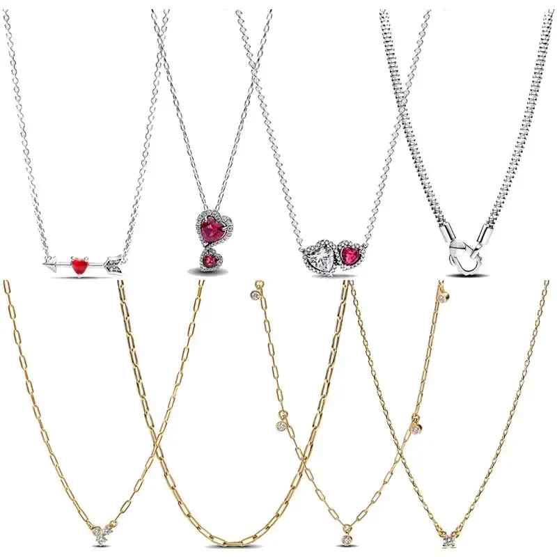 2025 New 925 Silver Asymmetric Double Love Women's Necklace Suitable for Original Charm Bead DIY Jewelry