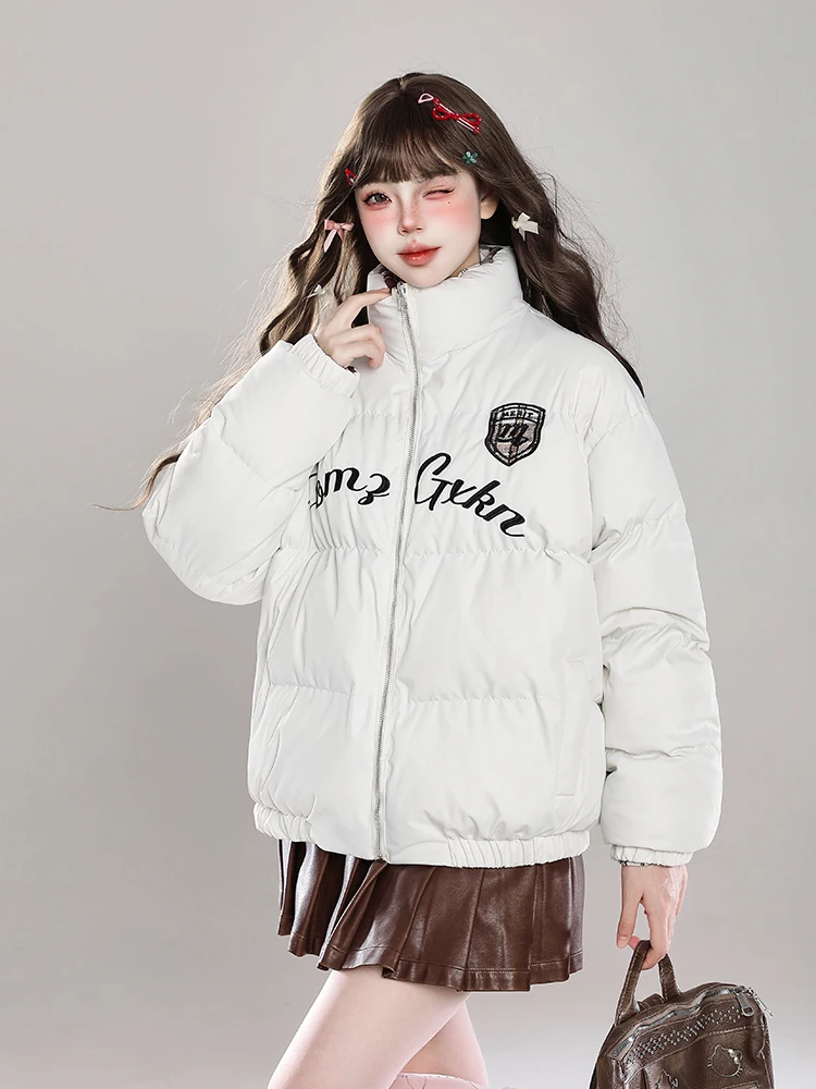 Fashion Casual Plaid Two-ways Wear Short Cotton Padded Coats Embroidered Loose Versatile Thick Warm Cotton Jackets Women Winter