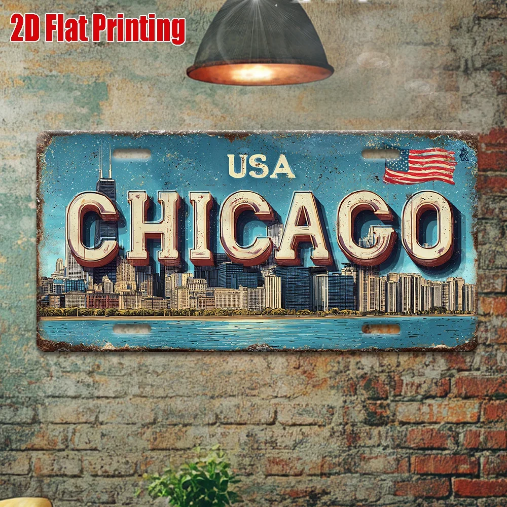 2D Flat Chicago Skyline Vintage Aluminum License Plate American Flag Cityscape Outdoor Wall Hanging Decor Living Room Home Bar