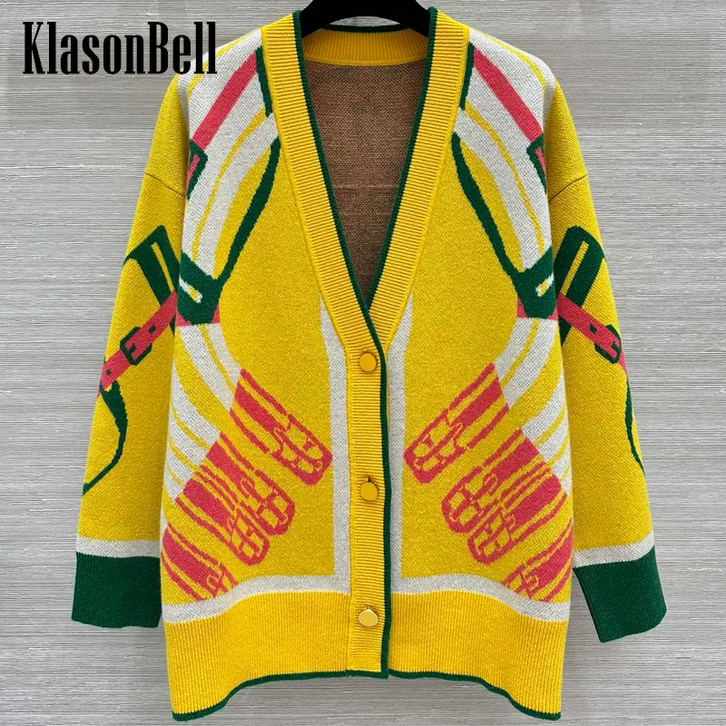 

9.1 KlasonBell Women Classic Belt Buckle Pattern Print Long Sleeve Cashmere Knitted Cardigan V-Neck Temperament Loose Coat