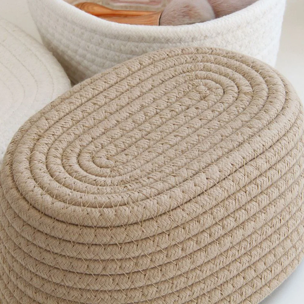 Decorative Woven Rope Basket Sundries Storage Basket With Lid Handles Cosmetic Organizer Home Room Dresser Desktop Storage Box