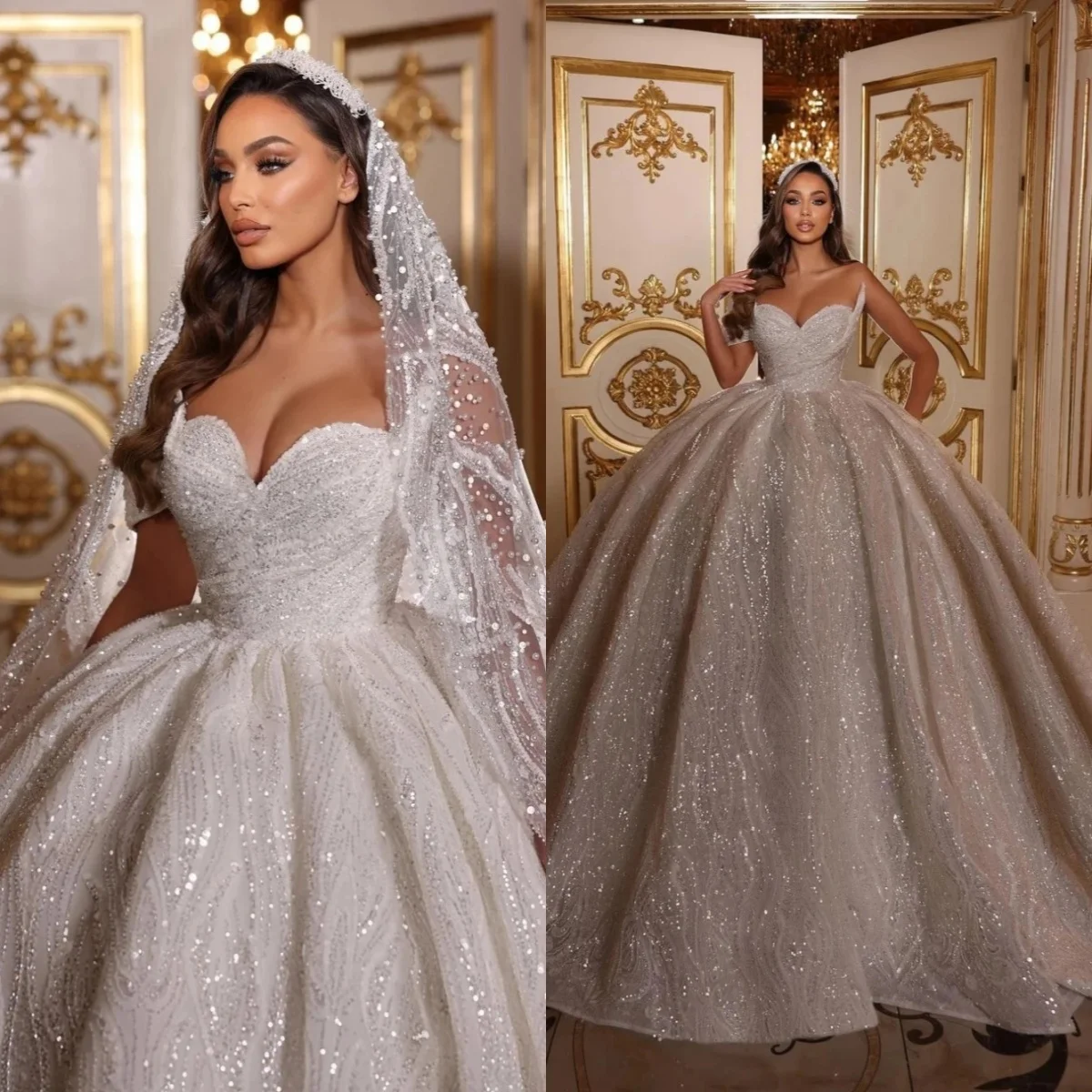 

Exquisite Pearls Ball Gown With Veil Sequins Beaded Sweetheart Neck Wedding Dress Customized Lace Sweep Train Bridal Dresses