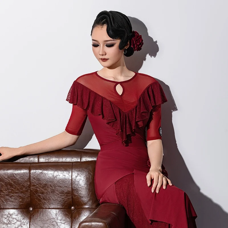 2025 ใหม่หรูหราโมเดิร์นเต้นรำชุดผู้หญิงตาข่ายลูกไม้ชุดวอลทซ์แทงโก้บอลรูมเต้นรำการแข่งขันเสื้อผ้า DN21434