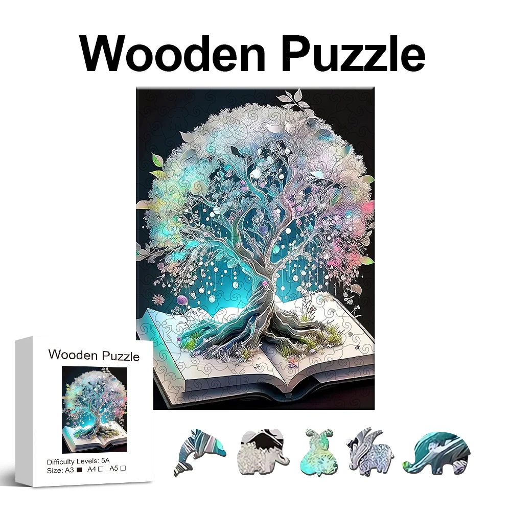 Book tree Wooden Puzzle Toys, Unique Shaped Animals Wooden Jigsaw Puzzle, Family Game, Christmas Birthday Gift Home Decor