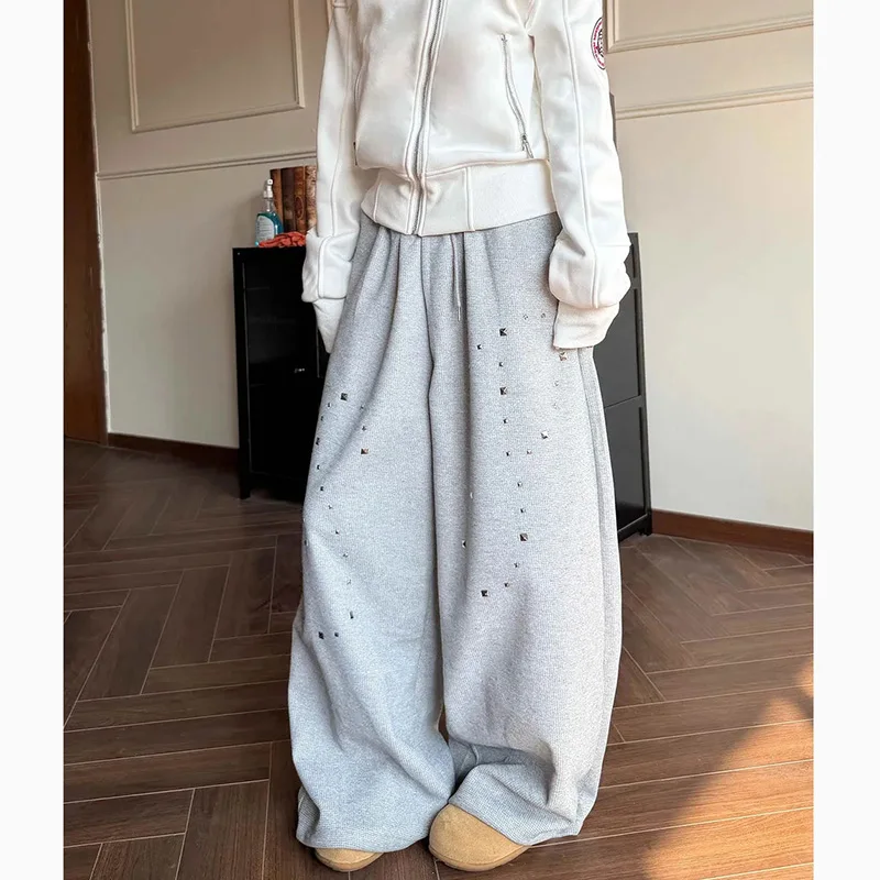 American Vintage Wide Leg Pants Women Casual Loose Rivet Lace Up Straight Trouser Autumn Streetwear Waffle All Match Sporty Pant