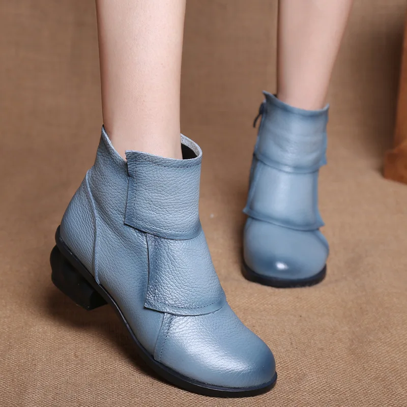 Retro Waterproof Ankle Boots for Women Genuine Leather Blue Square Heels Vintage Comfortable Luxury Heeled Shoes