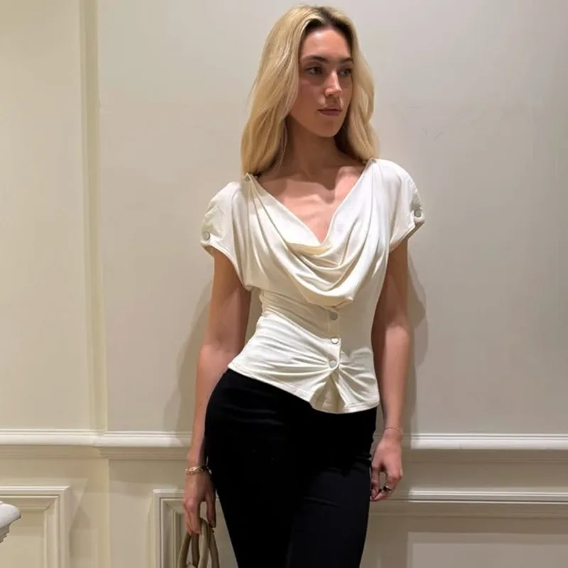 

Tuularose Fashion Summer T-Shirt Women's Sexy V-Neck Pleated Patchwork Cropped Top New Hot Girls Party Vacation Casual Women Top