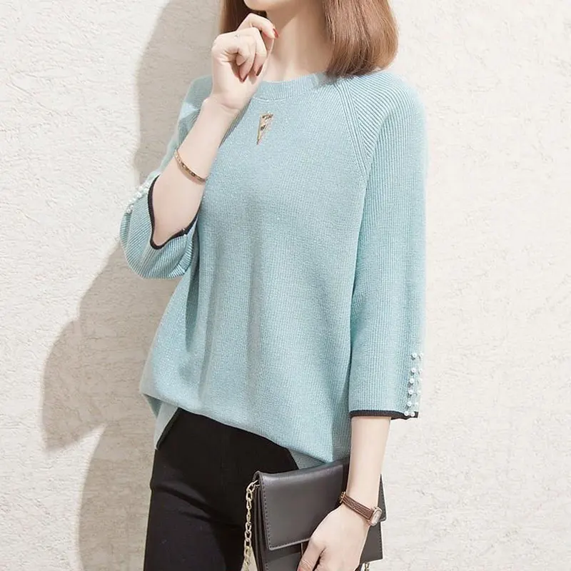 Spring Autumn 3/4 Sleeve Knitted T-shirt Casual Round Neck Female Clothing Solid Color Spliced Basic Fashion Beading Pullovers