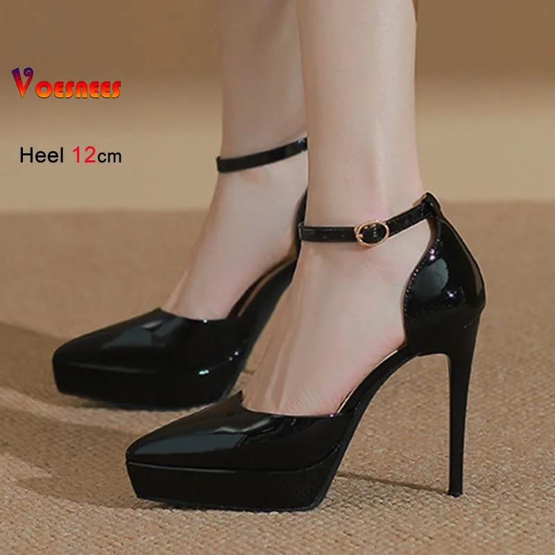 2026 أسود مثير خنجر الصنادل أحذية نسائية 12 سنتيمتر مدبب تو جوفاء مغلقة تو الصنادل منصة مقاوم للماء السيدات حذا فردي للسيدات