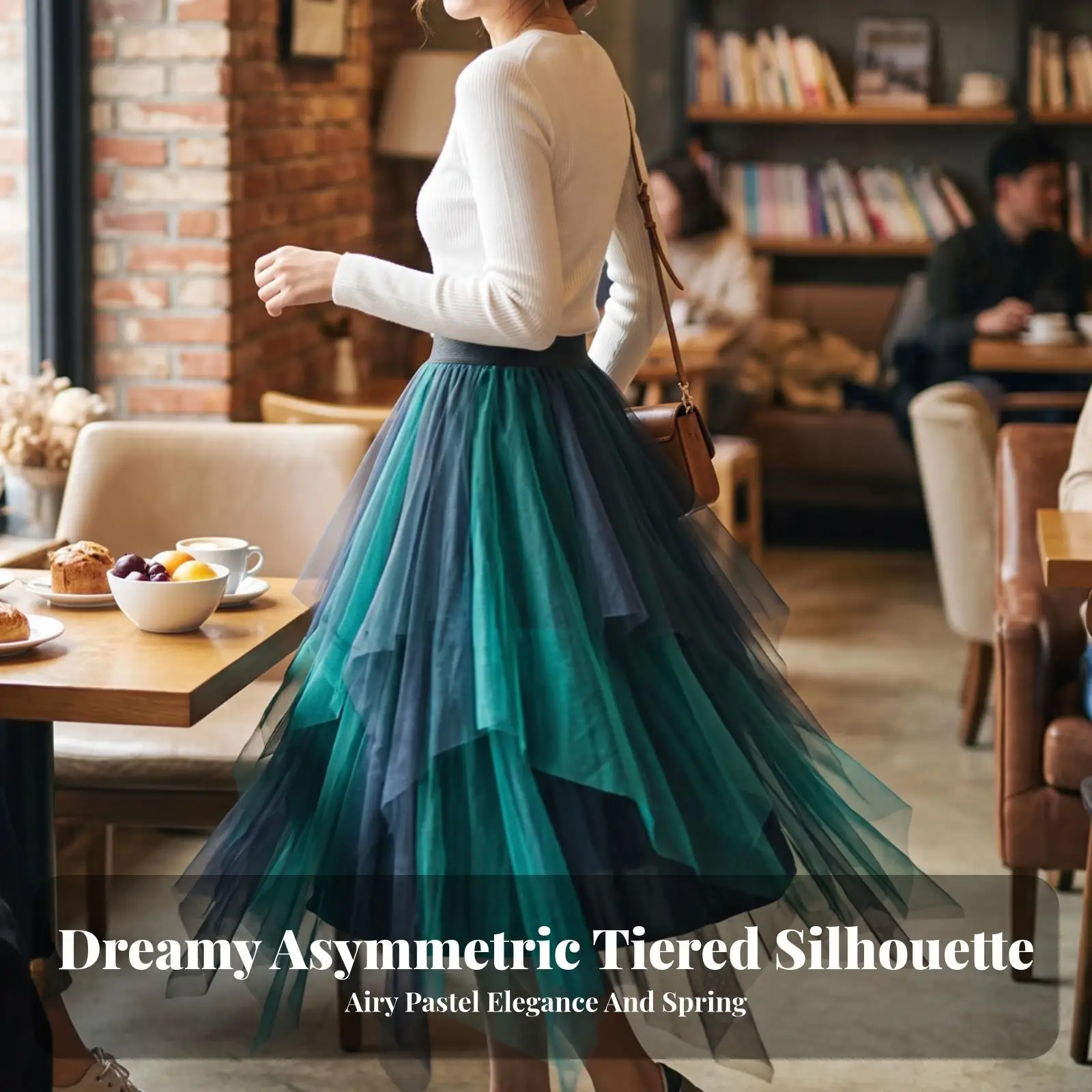 Fashion Women Mesh Layered Skirt Asymmetric Hem Tulle Midi Length Soft Lined Comfortable Stretchy Waistband for Vacation