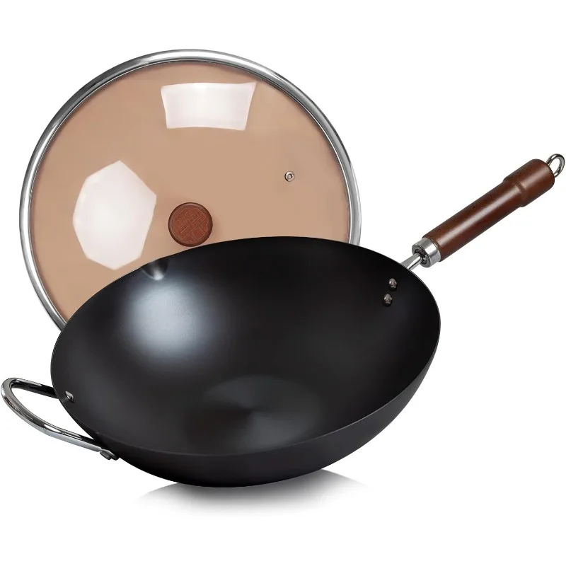 

WANGYUANJI Carbon Steel Wok Pan,12.59" Woks and Stir Fry Pans with Glass Lid,Chinese Wok Flat bottom Iron wok for Induction,