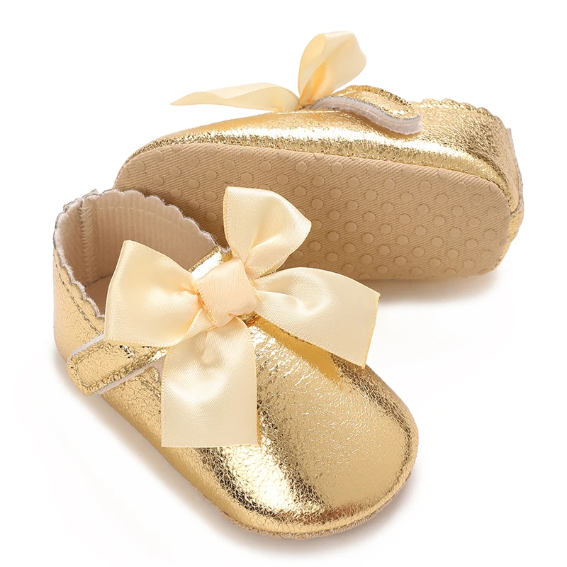 4-color Baby Girl Fashion Solid Color Princess Shoes Comfortable Soft Sole Non-Slip Toddler Shoes Cute Bow Baptism First Walker