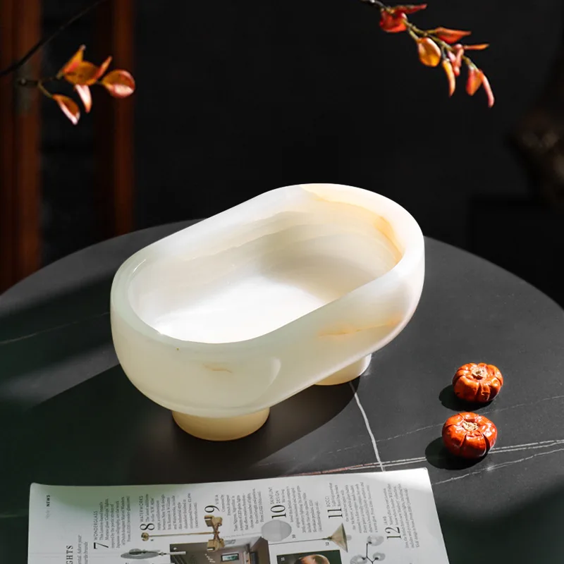 luxury high-end marble white jade ornament designer model house jewelry restaurant fruit plate desktop storage plate