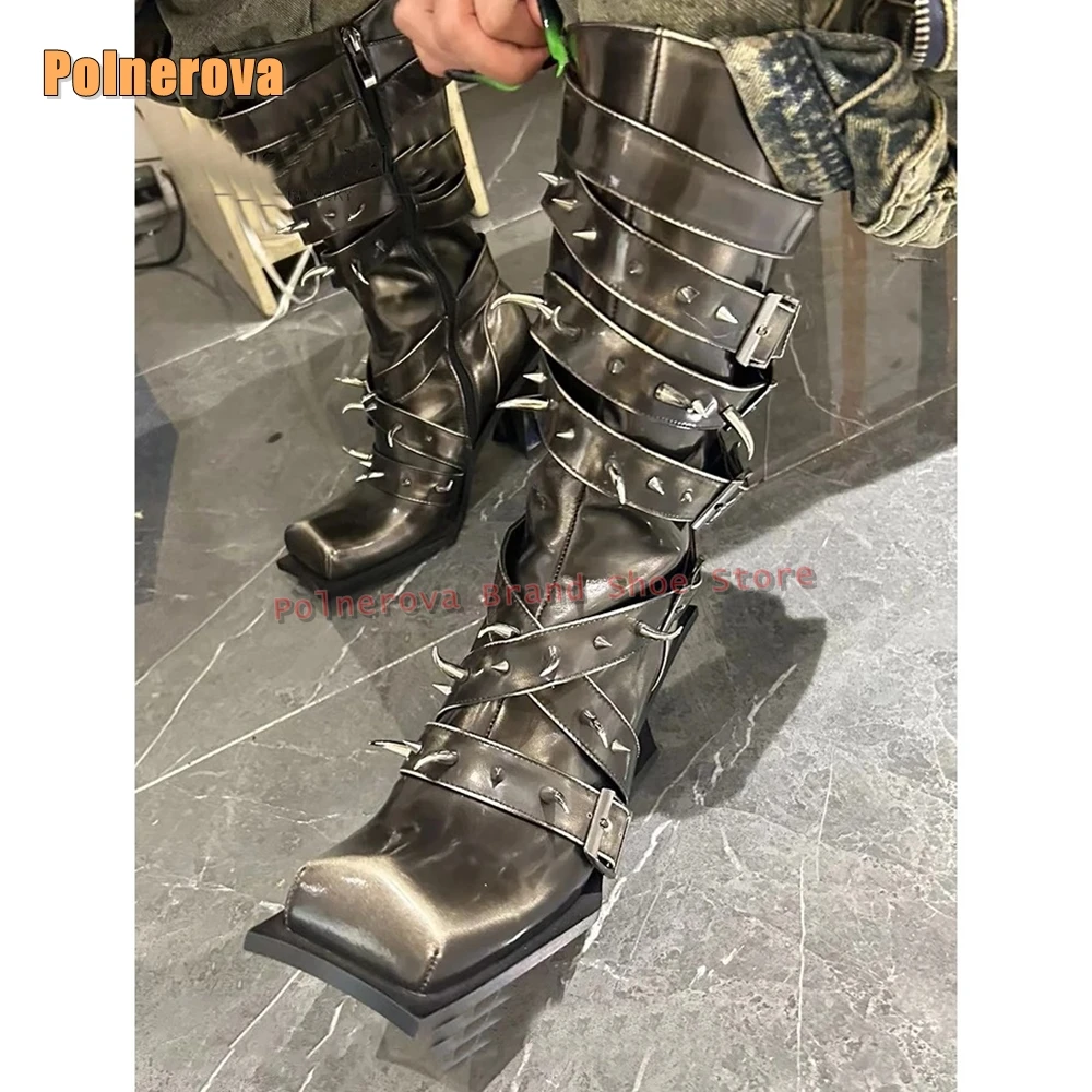 

Рыцарские сапоги с квадратным носком в стиле ретро и заклепками, странный стиль, металлический шип, пряжка ремня Y2K, сапоги до колена в стиле панк, осень 2022, новое поступление, обувь