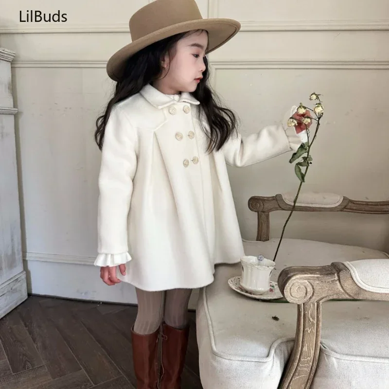 2024 Children Vintage 100% Wool Double Face Cashmere Coat Korean Outdoor Handmade Girls White Pleated Outerwear Winter Clothing