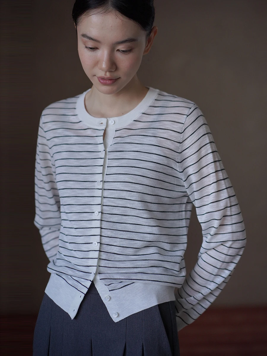 

Hacikis Miss 132 Bamboo Rayon Natural Texture Striped Loose Fit round Neck Knitted Open Cardigan Women's Fashion Spring Long ...