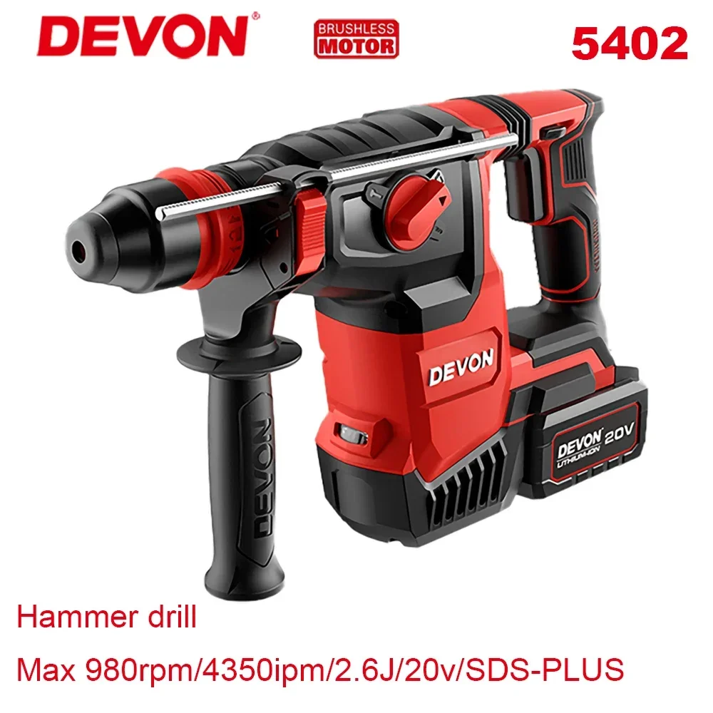 

Devon Heavy Duty 5402 Cordless Rotary Hammer Drill Brushless 20v Impact 2.6J 980rpm 4350ipm Universal Flex Battery Platform