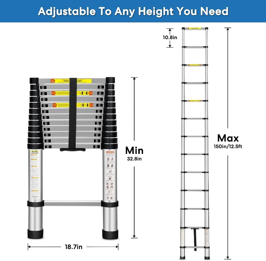 Drabina teleskopowa, aluminiowa drabina teleskopowa 12,5FT z antypoślizgowymi nóżkami, uniwersalna składana drabina do
