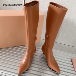 Women Boots 2023 New Coming Real Leather Pointy Toe Long Bootie Elegant Zip Fashion Designer Kitten Heel Elegant Bota Female