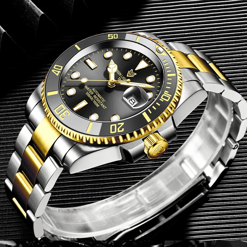 LIGE Luxury Automatic Man Watch Business Stainless Mechanical Wristwatch Ceramic Bezel GMT Dive Watch for Men Montre Homme+Box