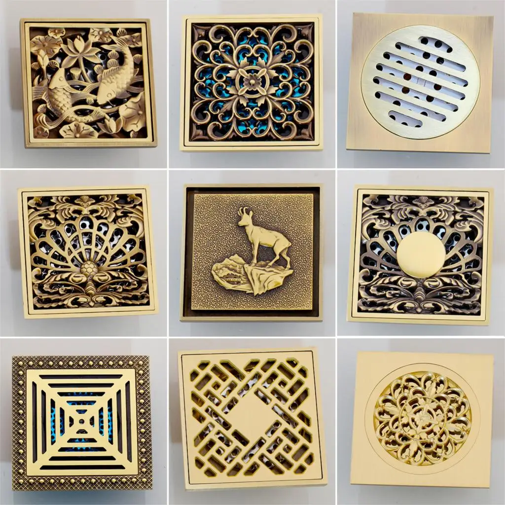 KEMAIDI 10cm Floor Drains Antique Brass Shower Floor Drain Bathroom Deodorant Euro Square Floor Drain Strainer Cover Grate Waste