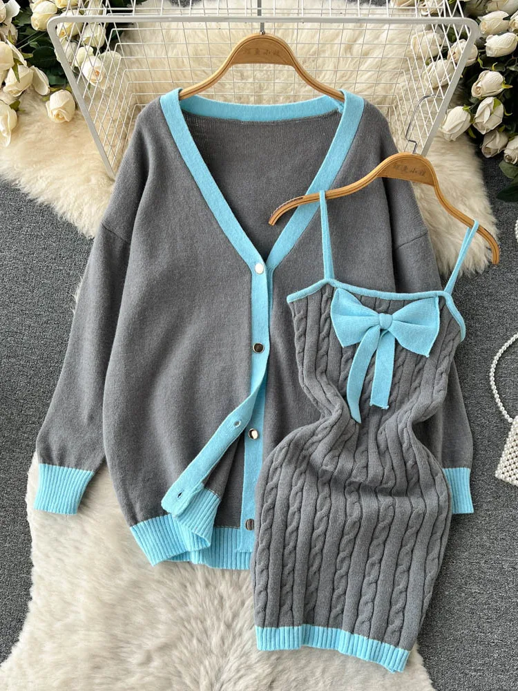 Sweet Women Fall Winter Knitted Two-piece Set Plus Striped Cardigan Sweater Coat Plus Screw Thread Bow Suspender Dress Suit