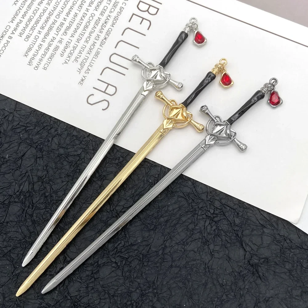 Punk Sword Hairpins Chinese Ruby Hair Stick Vintage Ponytail Pins DIY Hair Accessories for Women Halloween Birthday Gift view 3