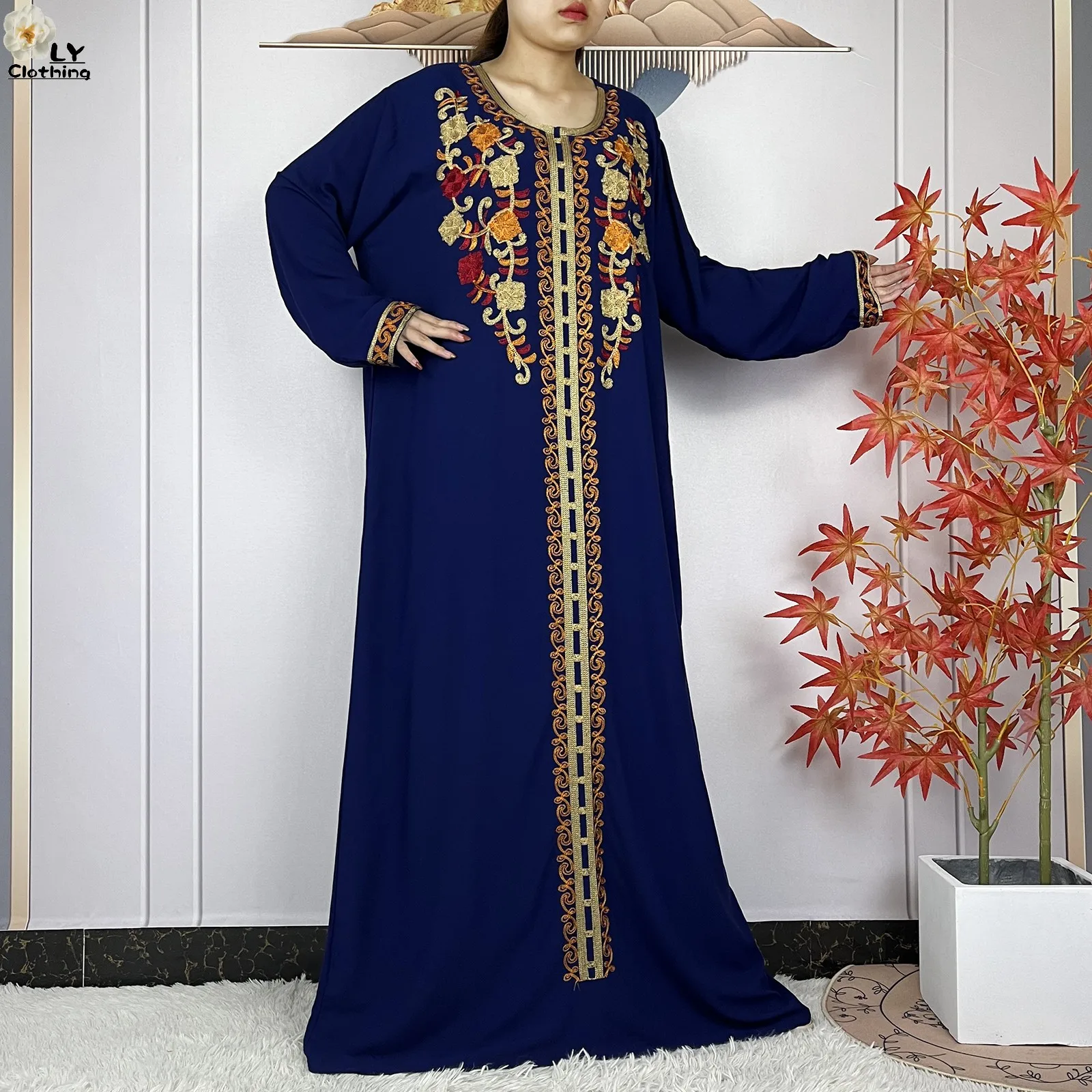 New Style Muslim Women Long Sleeved Dress Solid Cotton Embroider Boubou Robe Islam Casual Women Loose Maxi African Abaya Clothes