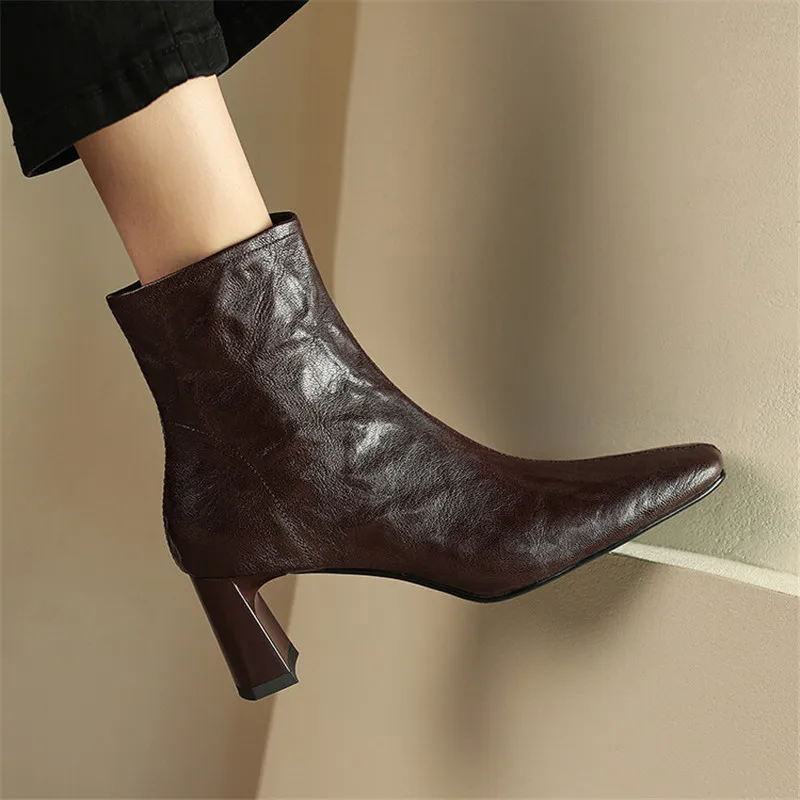 

Autumn Genuine Leather Women Boots Fashion Square Toe Knight Boots for Women Chunky Heel Short Boots Botines Mujer High Heels