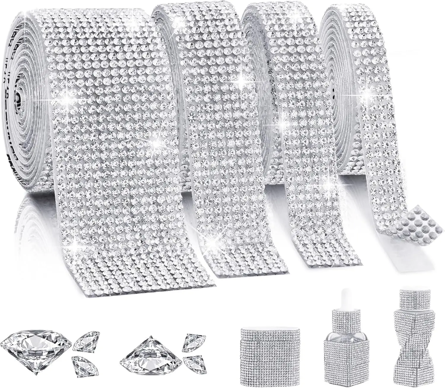 Self Adhesive Rhinestone Ribbon Strips 4 Rolls 4 Yard Crystal Bedazzling Trim for DIY Crafts Home Decor Cell Phone Case Wedding