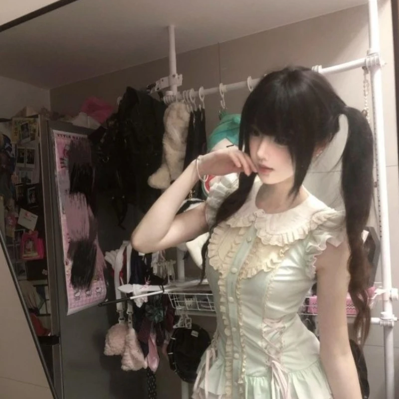 2000年代風 カワイイ ロリータ風 レース スリム ショート丈 パーティードレス Y2K 原宿系 ワンピース 韓国風 夏 ノースリーブ ケーキミニドレス