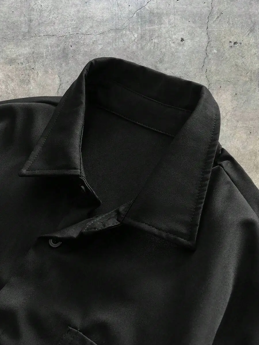 Men's Casual Loose Fit Short Sleeve Woven Black Shirt, Fashion Plain Urban Boxy Shirt, For Friends