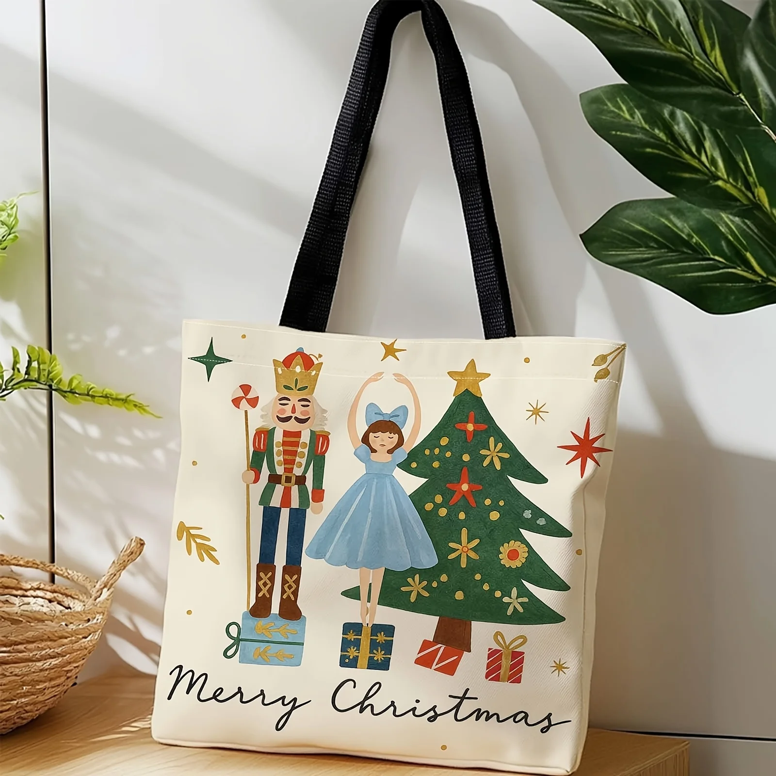 Nutcracker Ballerina Christmas Tote Bag German Nutcracker Soldier Ballerina Design with Golden Stars, Snowflakes Green Tree