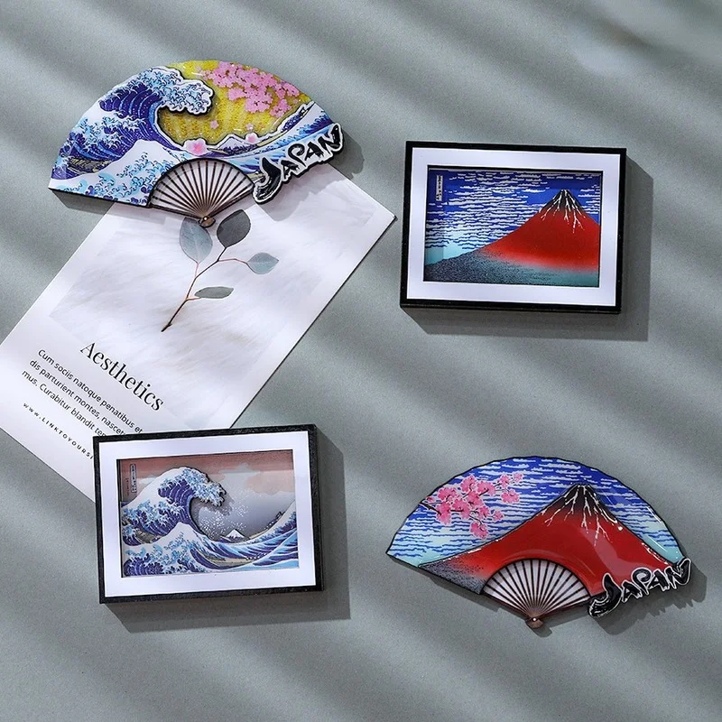 Drewniane naklejki na lodówkę japonia podróże pamiątki Kanagawa fala morska wulkan lodówka magnesy tablica ogłoszeń naklejki Home Decor