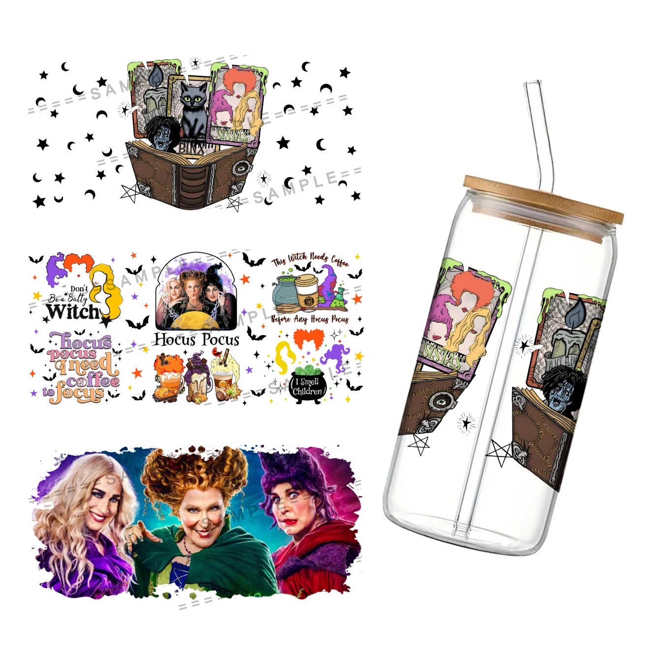 Disney Hocus Pocus para liberbey 16oz Can Glass 3D Waterproof UV DTF Coffee Can Wrap